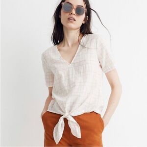 Madewell | Women’s Novel Tie-Front Short Sleeve Shirt Blouse Rainbow Windowpane
